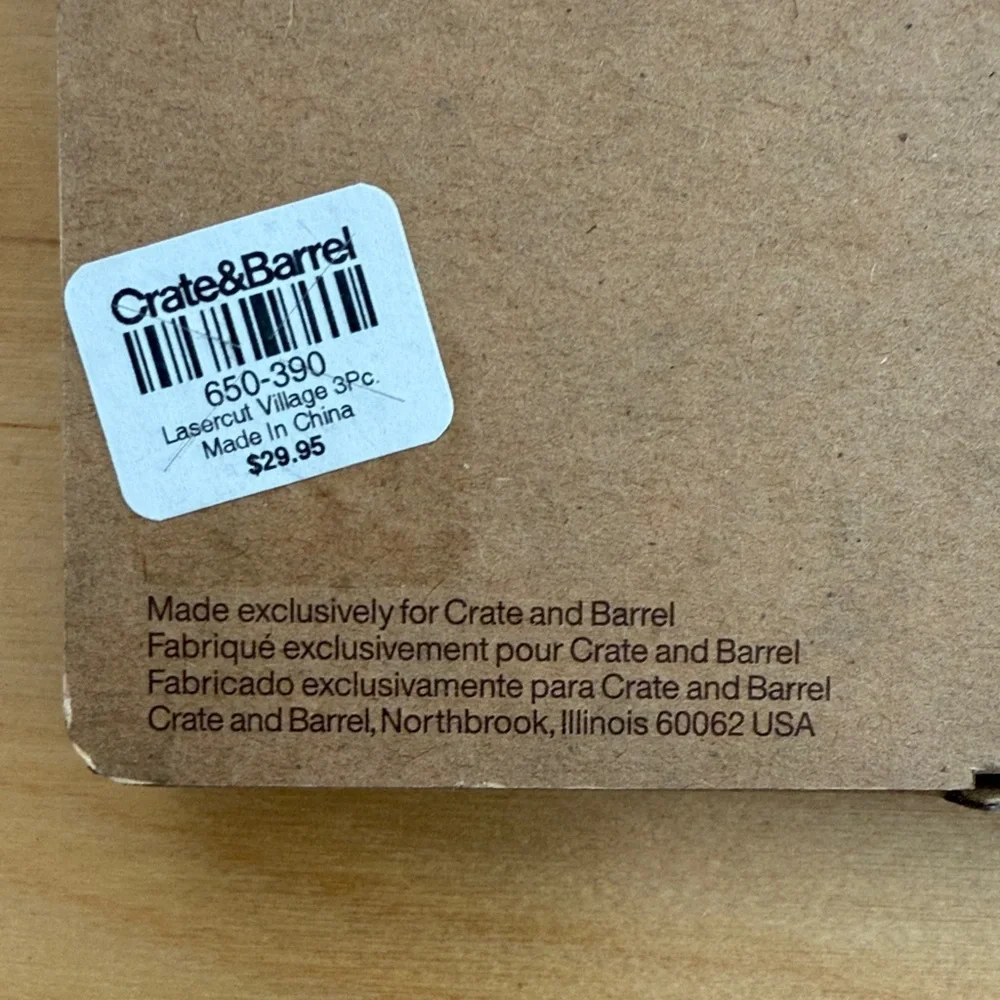 NWT Crate&Barrel 3 piece laser cut wood village